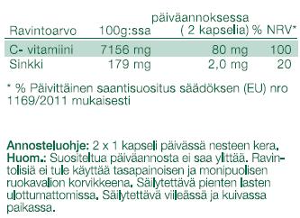 Vain kaksi kapselia päivässä kattaa päivittäisen C-vitamiinin tarpeesi. Cistus Incanus -kasvin käsittelyssä käytämme ainoastaan siromuotoisia, laadukkaita, runsaita lehtiä.