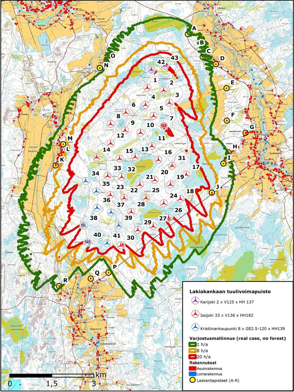 FCG SUUNNITTELU JA TEKNIIKKA OY Melu- ja varjostusmallinnukset 19 (10) 26.5.2017 Karijoki 2 x V126 Isojoki 33 x SWT 3.