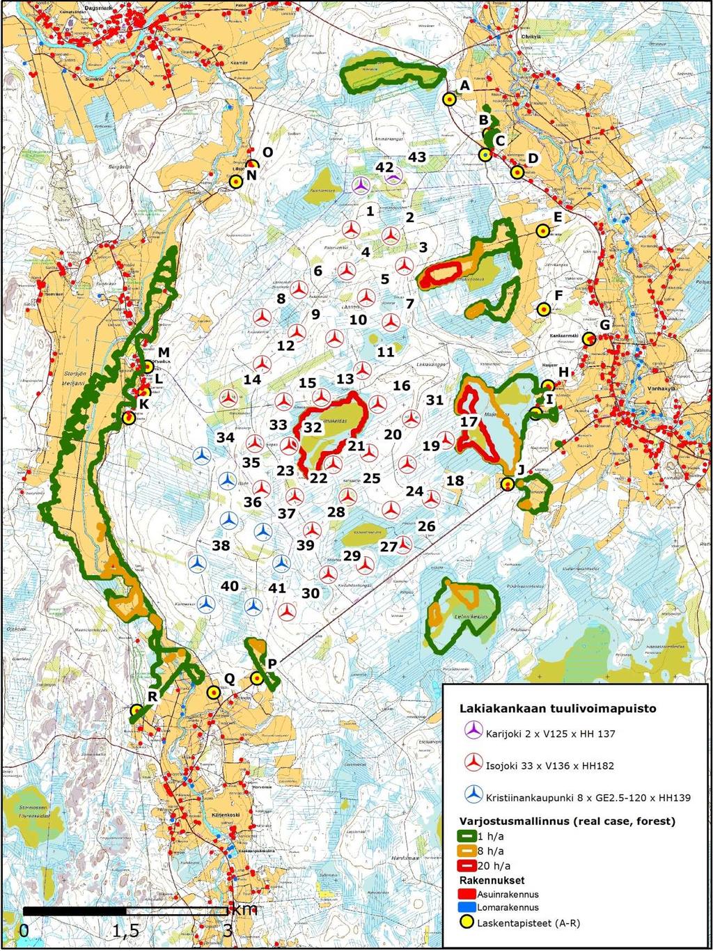 FCG SUUNNITTELU JA TEKNIIKKA OY Melu- ja varjostusmallinnukset 21 (10) 26.5.2017 Karijoki 2 x V126 Isojoki 33 x SWT 3.15 8 x GE2.5.-120 Kuva 5.