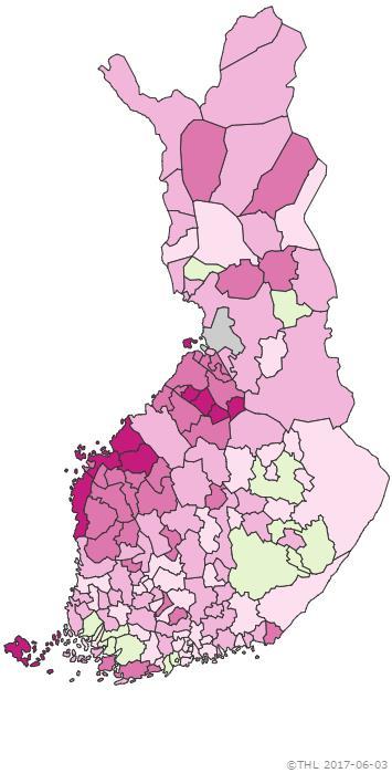 Mutta suuret maantieteelliset erot influenssarokotuskattavuudessa 6-35 kk lapsilla ja 65 vuotta täyttäneillä kaudella 2016-2017 Kuva