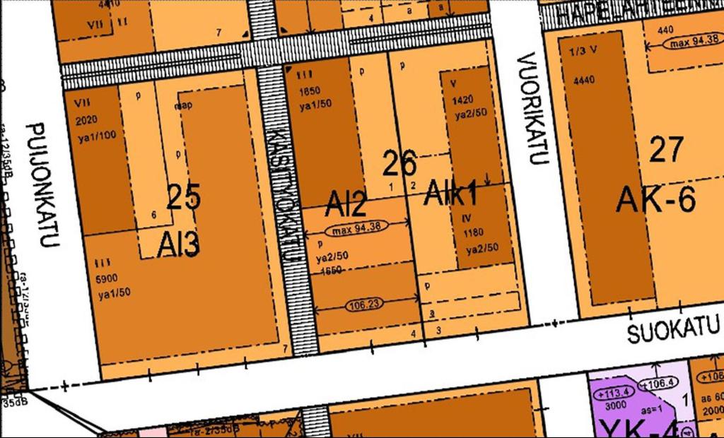 KUVA 9. OTE AJANTASA-ASEMAKAAVASTA Autopaikkavaatimus on 1ap/75 asuntok-m 2, vähintään 1ap/as ja 1ap/40 tsto k-m 2. Tontille saa rakentaa maanalaisia pysäköintitiloja ja pysäköimispaikan.