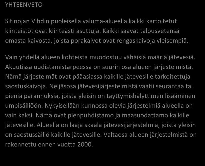 Aluekortisto VIHTI, SITINOJAN VALUMA- ALUE Pohjavesialue Ranta-alue Taajaan asuttu alue Vedenottamon suoja-alue Vesihuollon kehittämisalue Muu erityisalue Asetuksesta poikkeavat määräykset 142/2016