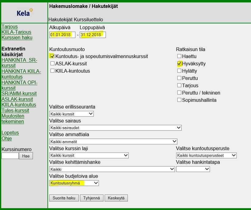 5 2 Kuntoutuskurssijärjestelmän kurssit 2.1 Hakutekijät Kurssien hakeminen aloitetaan navigointipalkissa olevilla toiminnoilla.