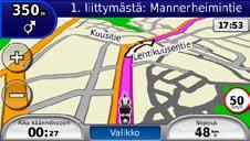 Reitin seuraaminen Reitti on merkitty punaisella viivalla. Ajaessasi Navigator IV ohjaa sinut päämäärään puhuttujen ohjeiden, kartalla olevien nuolien ja karttasivun yläosassa olevien ohjeiden avulla.