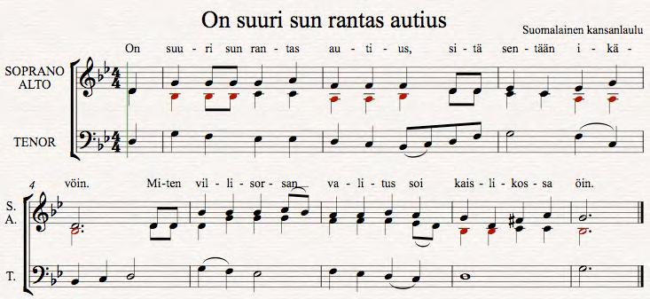 Ja näppäimillä seuraavasti: 1. (kohotahdin nuotti onkin jo valmiina) b-3-b-b-4-c-c 2. a-a-b-3-d-d 3. 4-c-c-a-a 4. 5-,(pilkku)-b-3-d-d 5. 4-d-g-g-g 6. 4-f-f-f-3-e-d 7. 4-b-b-c-c 8. 5-,(pilkku)-b. Laitetaan saman tien legatokaaret.