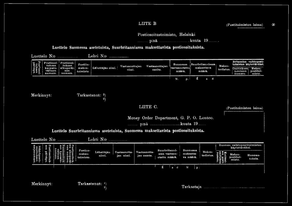 m is t o.. M. p. s d Merkinnyt: Tarkastanut: 1) 2) LIITE C. Money Order Department, G. P. O. Lontoo.... p:nä...kuuta 19.