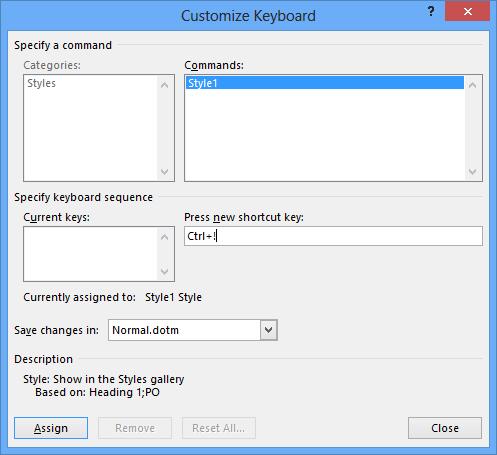 Shortcut key (Pikanäppäin) Usein käytettäviin tyyleihin sinun kannattaa määrittää oma pikanäppäinyhdistelmä. Pikanäppäinten käyttö nopeuttaa asiakirjan laatimista.
