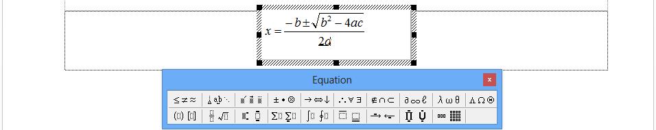 Kelluva kaava-objekti Matemaattisiin tehtäviin ryhmitellyt pudotusvalikot Kuva 146 Equation (Kaava) - työkalurivi Ohjelman valittuasi esiin tulee objekti ja työkalurivi.