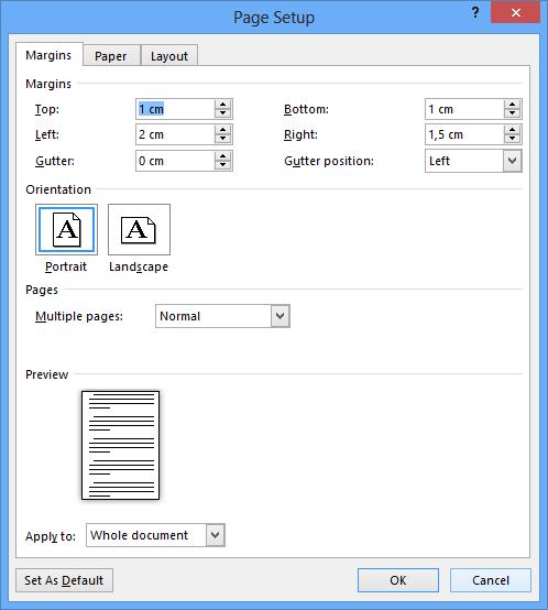 Page Setup (Sivun asetukset) -valintaikkuna Margins (Reunukset) -välilehti Page Setup (Sivun asetukset) -valintaikkunaan pääset Page Layout (Sivun asettelu) -välilehden Page Setup (Sivun asetukset)