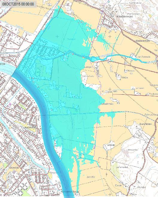 Nykytila Kääntöuoma 08OCT 00:00 (120 h) 08OCT 00:00 (120 h) Kuvissa 3 ja 4 on esitetty nykytilan ja kääntöuoman mukaiset tulvan syvyydet.