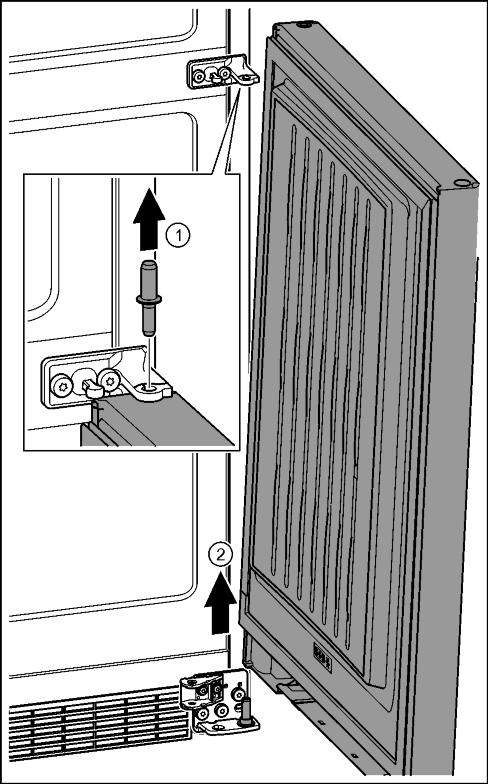 u Pidä ovesta tukevasti kiinni. u Aseta ovi varovasti sivuun. u Poista tappi ylöspäin vetämällä. Fig. 24 (1) u Käännä ovi ulos, vedä sitä ylöspäin ja aseta se sivuun. Fig. 24 (2) Fig.