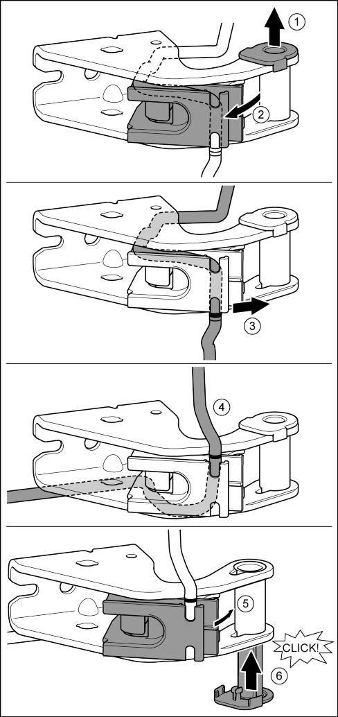 Fig. 26 (3) u Aseta kaapeli paikalleen peilikuvana. Fig. 26 (4) w Merkinnän on tällöin oltava kaapelinkannattimen reunassa.
