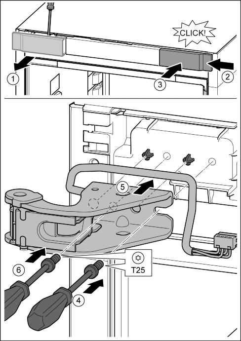 Käyttöönotto u Kierrä ruuvit irti T25-ruuvimeisselillä. Fig. 28 (2) u Vedä suojus varovasti irti. Fig. 28 (3) u Ruuvaa laakerinkannatin ja kalvo 180 käännettynä kiinteästi toiselle puolelle. Fig. 28 (4) u Kiinnitä suojus 180 käännettynä toiselle puolelle.