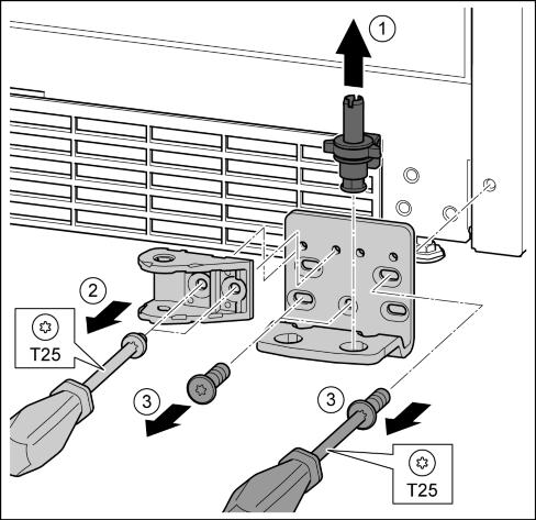 Fig. 27 (2) u Anna suojuksen lukittua paikoilleen. Fig. 27 (3) u Aseta ruuvi paikoilleen T25-ruuvimeisselillä. Fig. 27 (4) u Aseta ylempi laakerinkannatin paikoilleen. Fig. 27 (5) w Tapit ovat niille tarkoitetuissa ruuvausrei'issä.