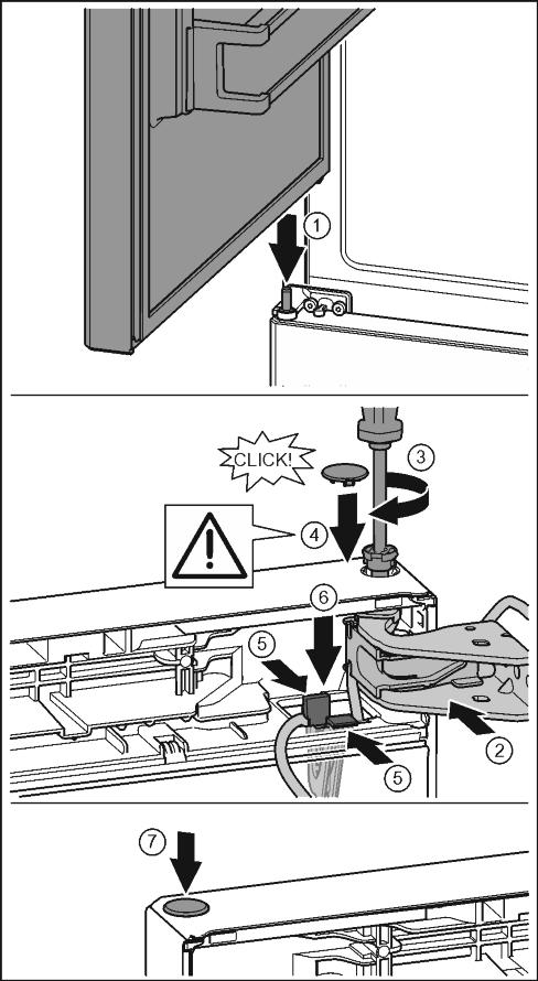 Käyttöönotto u Irrota suojatulppa varovasti tasapäisellä ruuvimeisselillä. Fig. 33 (1) u Aseta ovi ylhäältä käsin alemman laakeritapin varaan. Fig. 33 (2) u Työnnä keskimmäinen laakeritappi keskimmäisen laakerinkannattimen läpi alempaan oveen.
