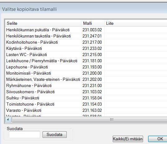 Valitse laskentaan tulevat tilatyypit.