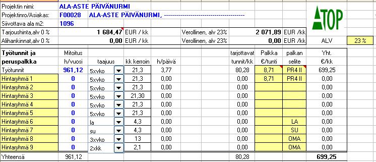 Jos olet tehnyt laskennan huonetasolle, voit myös hakea huoneita eri kriteereillä esim. Kustannuspaikan mukaan. Huom!