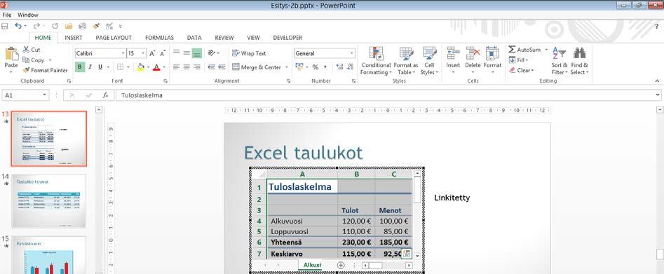 Kuva 135 Excel- valintanauha ja kaavarivi PowerPointissa Pääset muokkaamaan upotetun objektin sisältöä, kun kaksoisnapsautat objektia. Siinä vaiheessa olet Excel-ohjelmassa.