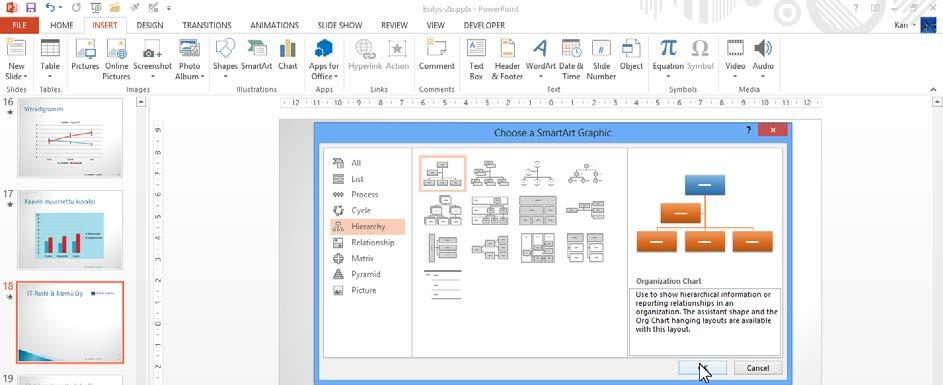 SmartArt-kuvien tuottaminen PowerPoint 2013 tuo mukanaan SmartArt-työkalun. Työkalulla luodaan prosessi-, organisaatio- ja matriisikaavioita.