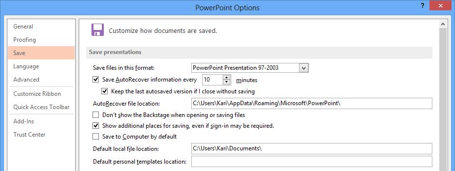 Ohjelman oletustallennusmuodon muuttaminen PowerPoint 2013 -ohjelman oletustallennusmuoto on Office XML -tiedostomuoto.