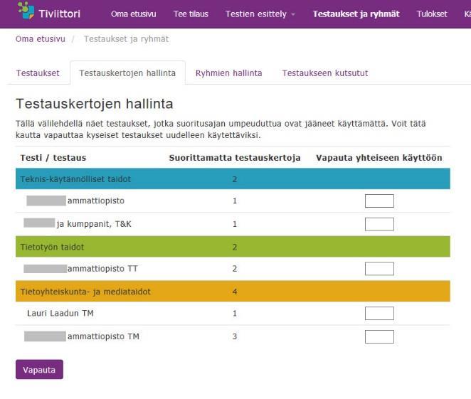 Tilaajan ohje 8 (14) 4.2 Testauskertojen hallinta Kun organisaatiossasi useampi henkilö teettää -testejä, voi niitä yksittäisistä testaustilaisuuksista jäädä käyttämättä.