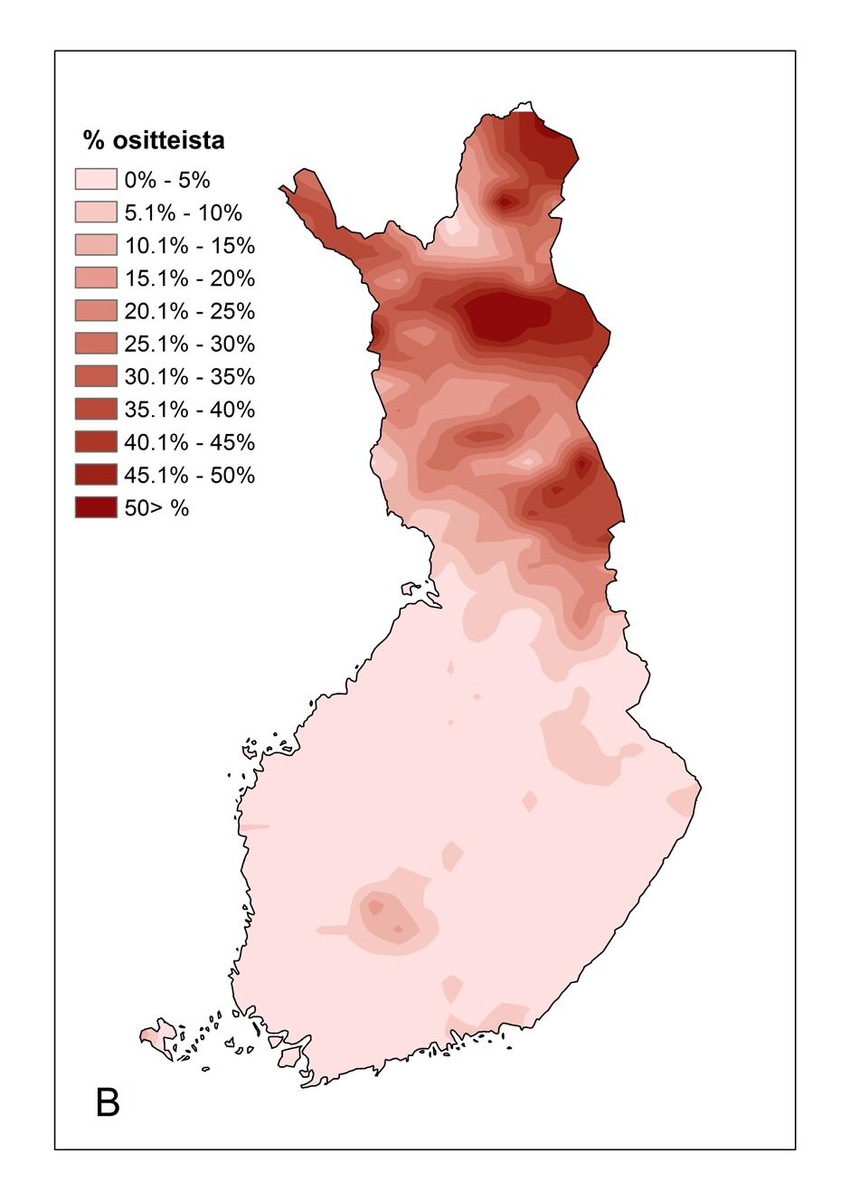 Lumituhot keskittyvät Lappiin ja Kainuuseen. Tuulituhoja esiintyy enemmän maan eteläosissa. Laajin tuulituhojen keskittymä tavataan Pirkanmaalla (kuva 25).
