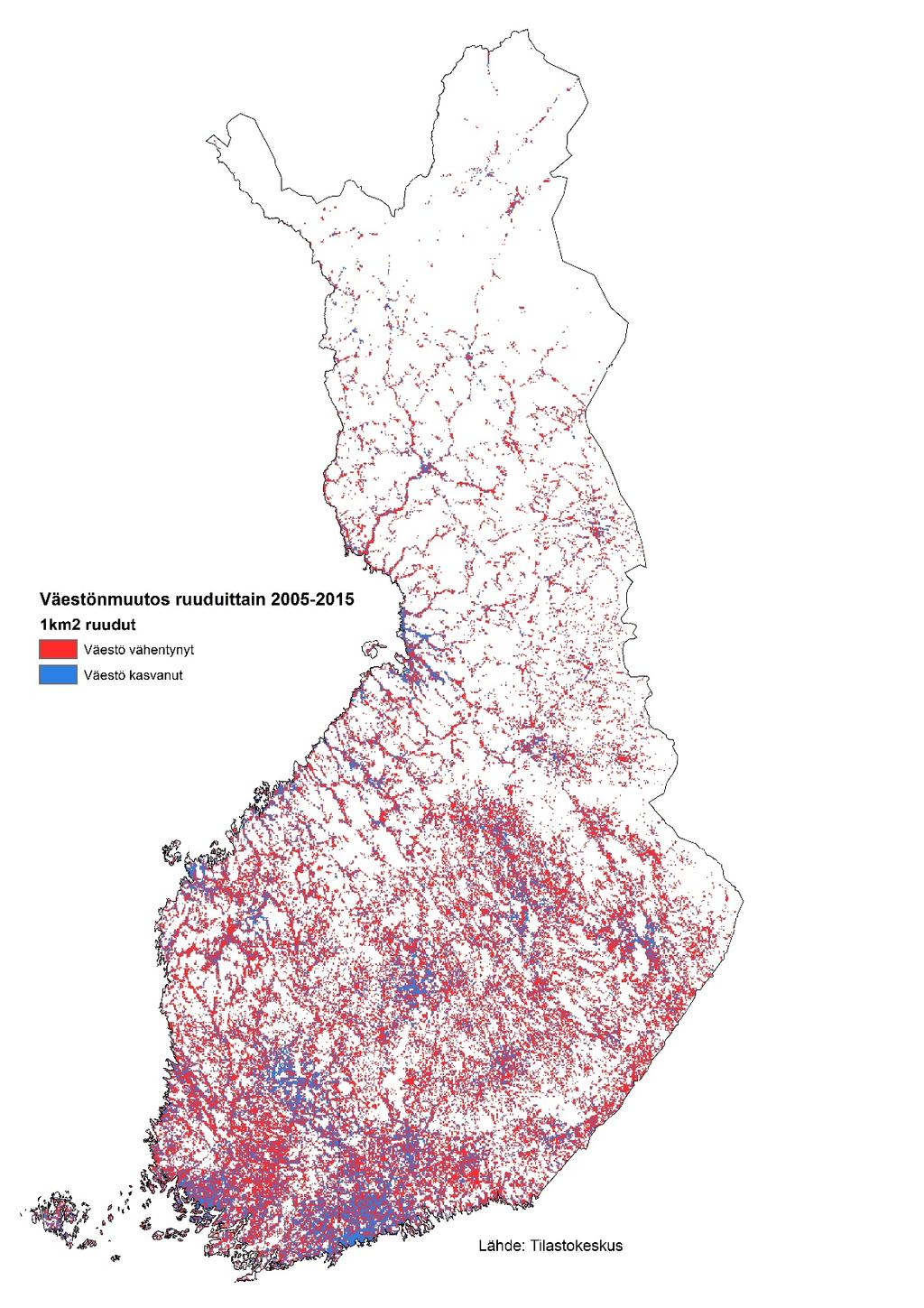 VÄESTÖMUUTOS 1 X 1 KM TILASTO- RUUDUISSA VUOSINA 2005-2015 FAKTALAATIKKO Vakituisesti asuttuja 1x1 km ruutuja 88 390 eli jokaisessa ruudussa on asunut vähintään yksi asukas vakituisesti vuosina