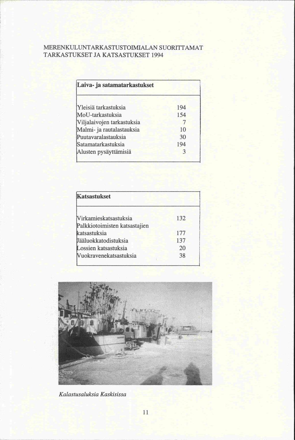 MERENKULUNTARKASTUSTOIMTALAN SUORITTAMAT TARKASTUKSET JA KATSASTUKSET 1994 Laiva- ja satamatarkastukset Yleisiä tarkastuksia 194 MoU-tarkastuksia 154 Viljalaivojen tarkastuksia 7 VIalmi- ja