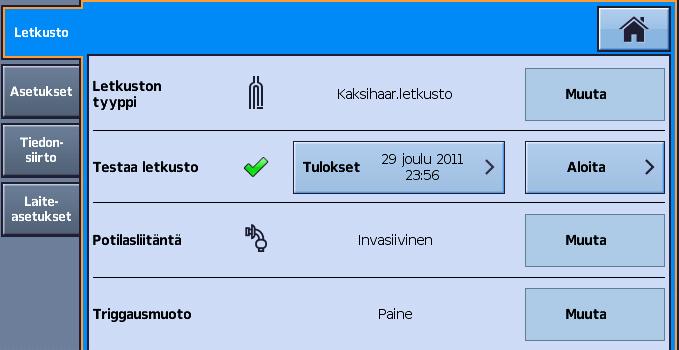 Potilasletkustojen kokoaminen Testaa letkusto -toiminnon tekeminen: 1. Valitse Asetus-päävalikosta Letkusto-alivalikko. 2. Paina Aloita ja noudata näytössä näkyviä kehotteita.