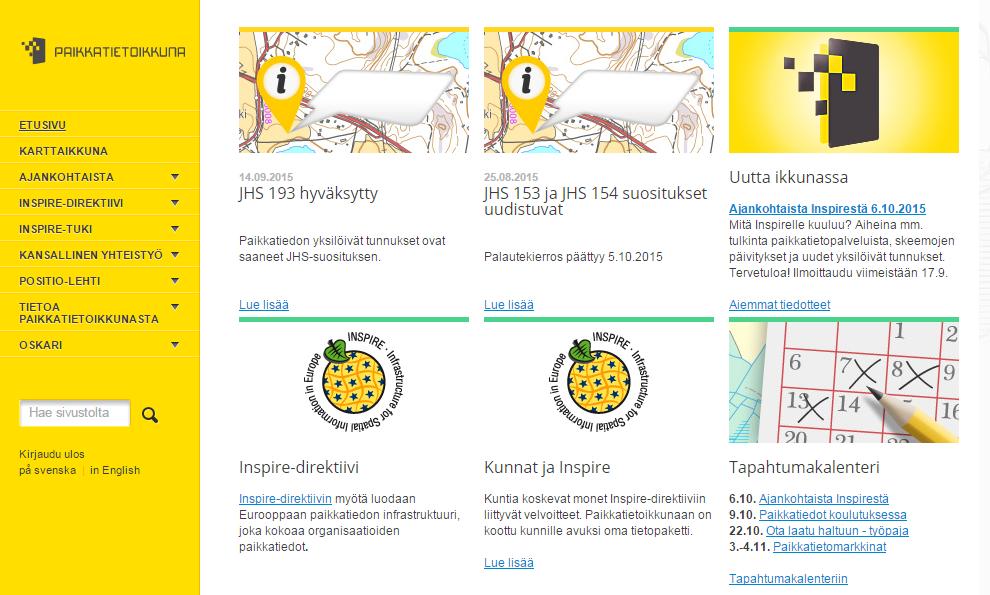 Paikkatietoikkuna Karttaikkuna Ajankohtaiset uutiset ja tapahtumat Inspire-tuki