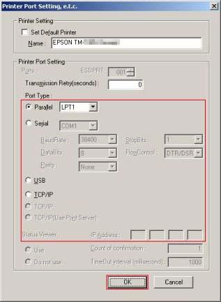 Asennus E Printer Port Setting, e.t.c -näyttö tulee näkyviin. Valitse Port Type -kohdassa portti, johon tulostin liitetään, ja määritä portin asetukset. Napsauta sen jälkeen OK-painiketta.