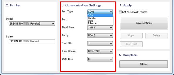 Asennus H Valitse portti käyttääksesi (Serial (Sarja)/USB/Ethernet) Port Type -valintaa kohdassa 3. Communication Settings (Tiedonsiirtoasetukset).