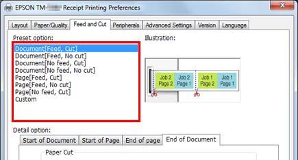 Tulostinohjaimen käyttäminen B Valitse leikkaus- ja paperinsyöttömenetelmä Preset option (Esiasetus) -luettelosta ja napsauta OK-painiketta.