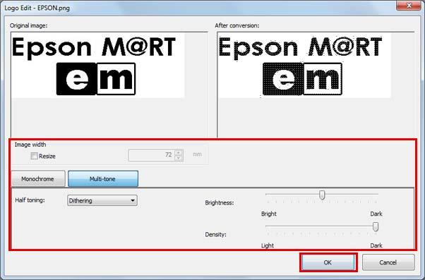 D E Napsauta Select Image (Valitse kuva) määrittääksesi tulostettavan logon. Logo Edit (Logon muokkaaminen) -näyttö tulee näkyviin.