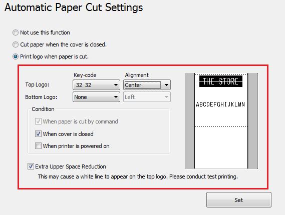 Paperi leikataan automaattisesti, kun kansi on kiinni. Siirry vaiheeseen 4. Tulostaa logon aina, kun paperi leikataan automaattisesti. Siirry vaiheeseen 3.