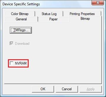 Tietoja sovelluskehityksestä OPOS-asetus Valitse OPOS SetupPOS-asetuksista Bitmap-välilehti Device Specific Settings-näytössä ja poista valinta NVRAM-valintaruudusta.