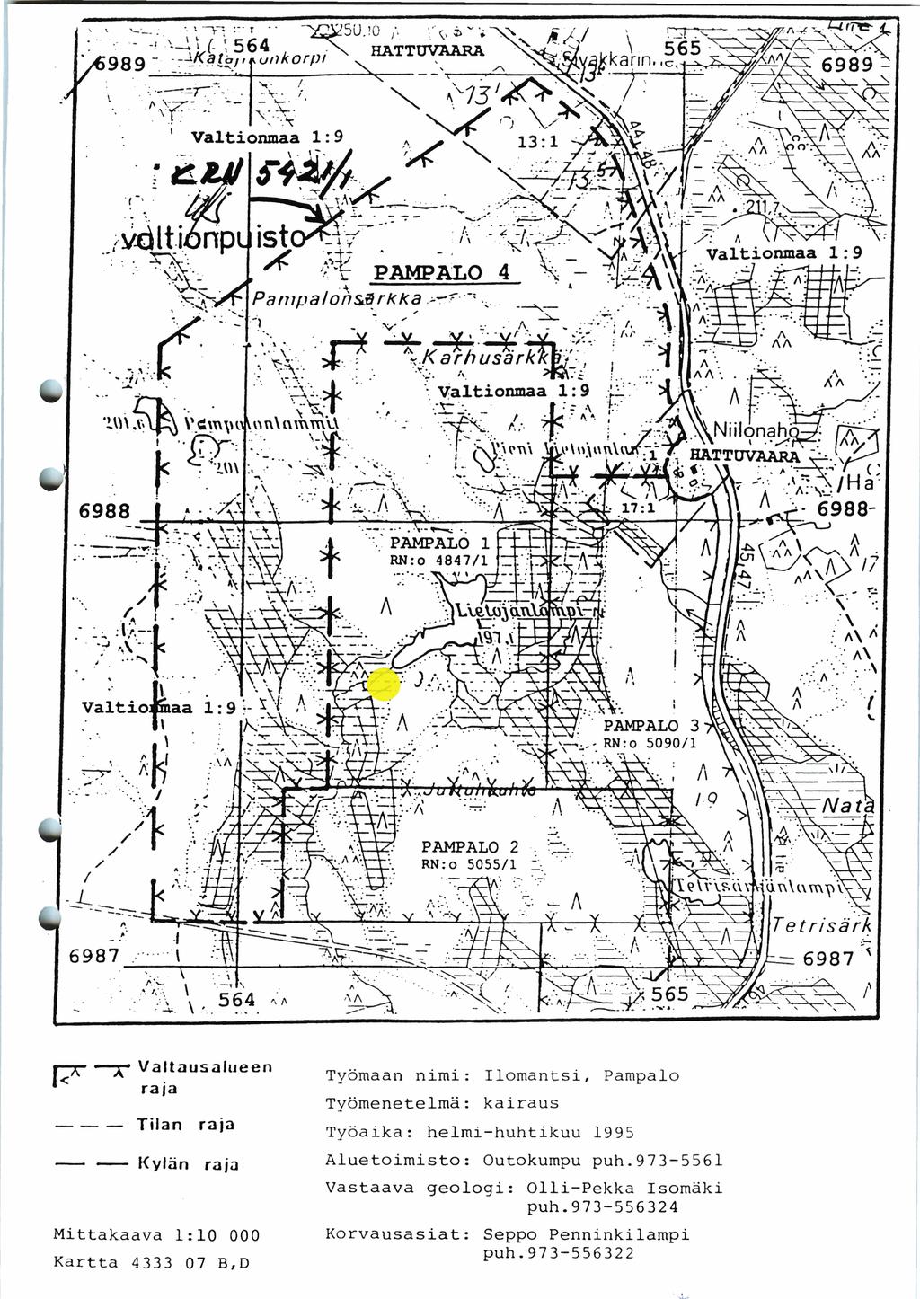 Työmaan nimi: Ilomantsi, Pampaio --- Työmenetelma: kairaus Tilan raja - - Kyliin raja Työaika: helmi-huhtikuu 1995 Aluetoimisto: Outokumpu puh.