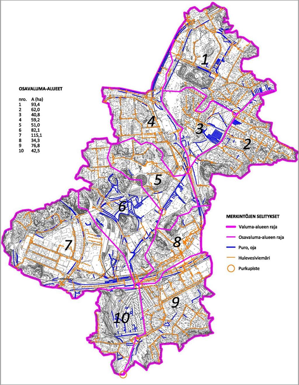 Myllypuron, Puotinharjun ja Roihupellon Suunnittelutoimisto 18/57 16.12.2015 Kuva 13. Mustapuron valuma-alue ja osavaluma-alueet.