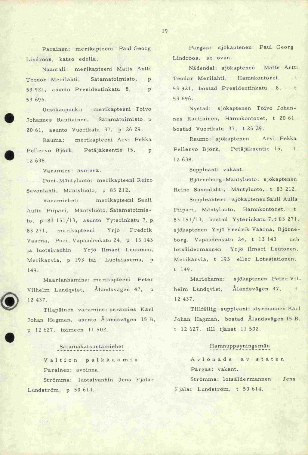 Parainen: Lindroos, 19 Parainen: merikapteeni Paul Georg Naantali me rikapteeni Matts Antti Teodor Merilahti, Satamatoimisto, p 53 921, asunto Presidentinkatu 8, p 53 696.