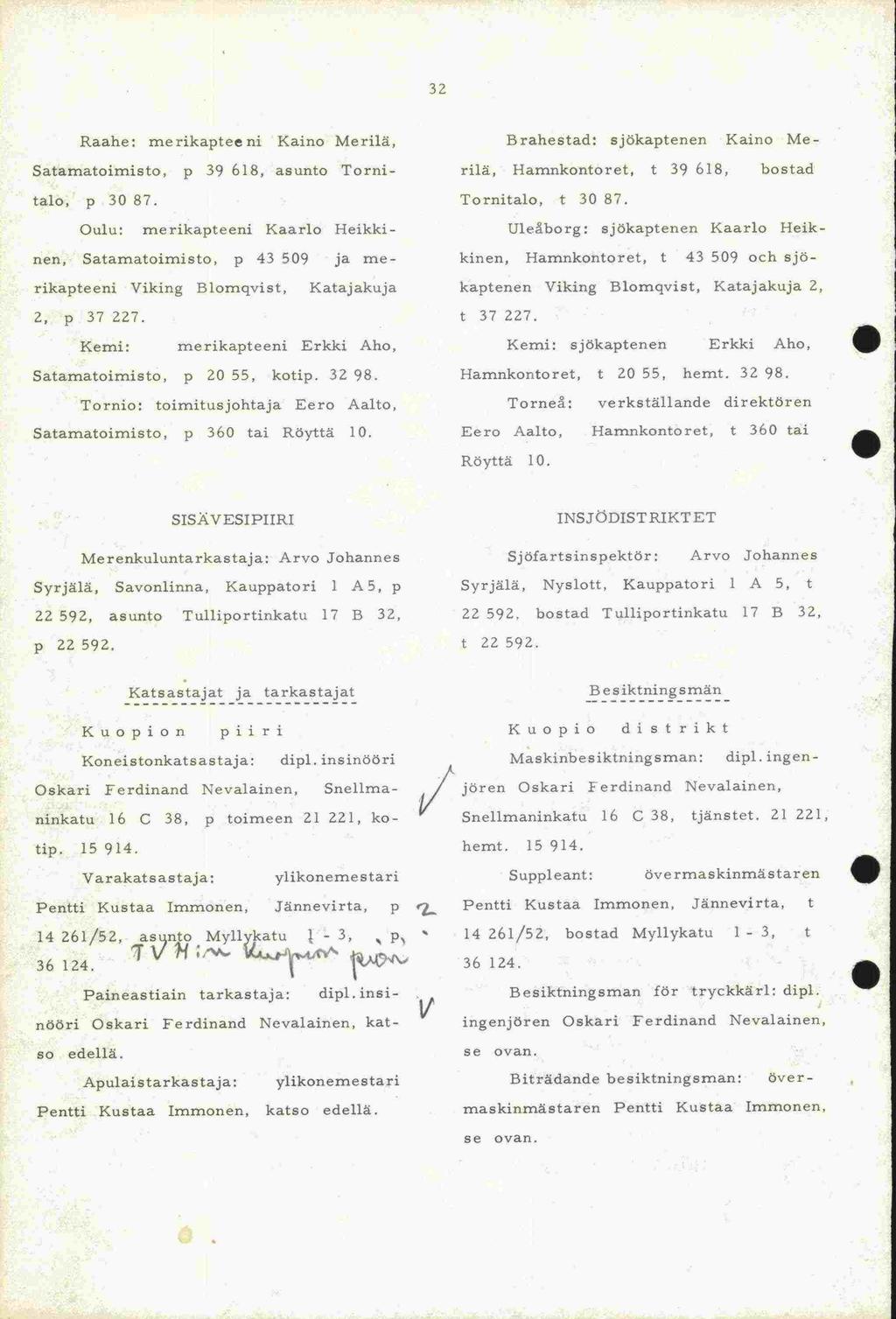2, se se 32 Raahe: rnerikapteeni Kaino Merilä, Satamatoimisto, p 39 618, asunto Tornitalo, p 30 87.