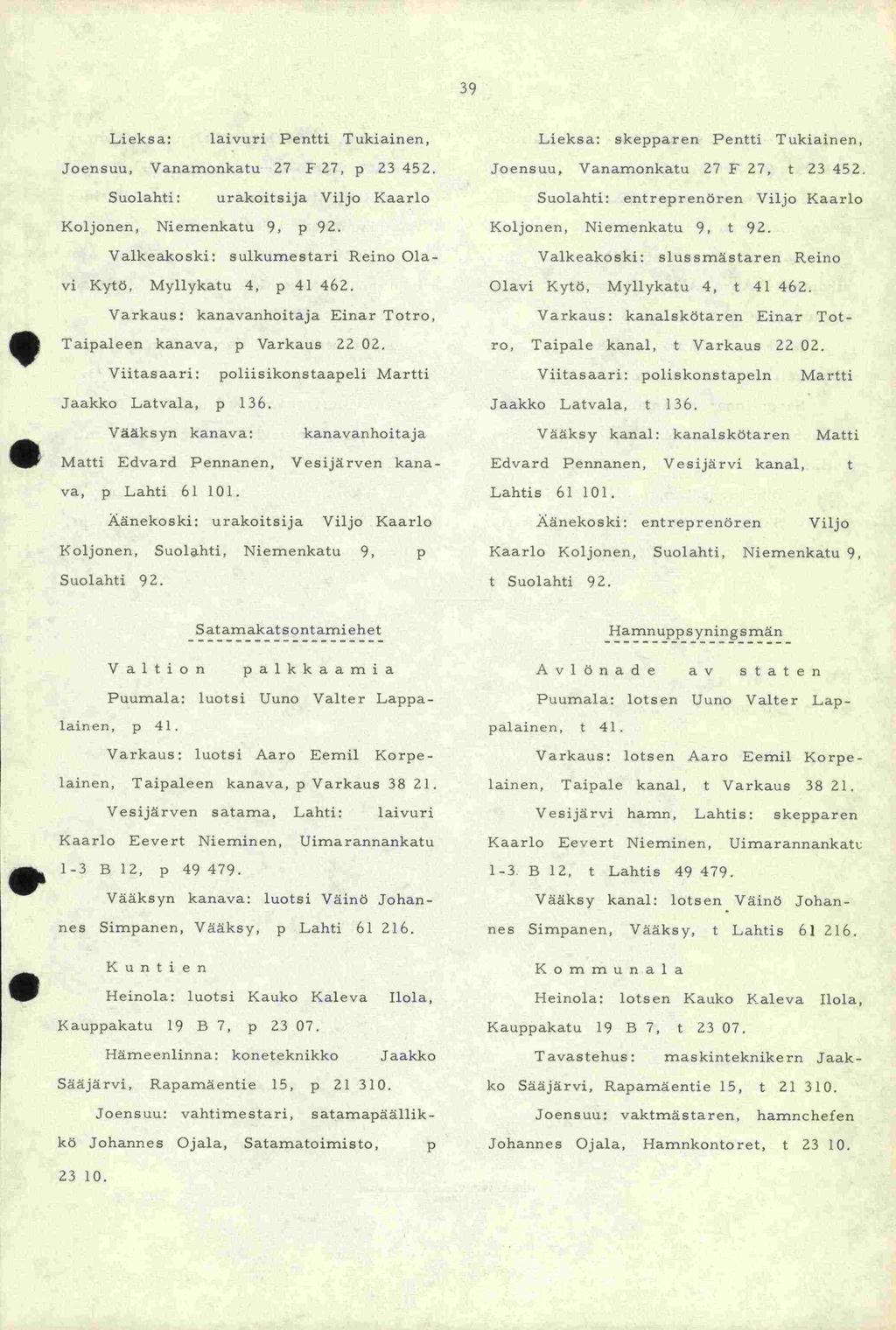 39 Lieksa: laivuri Pentti Tukiainen, Lieksa: skepparen Pentti Tukiainen, Joensuu, Vanamonkatu 27 F 27, p 23 452. Joensuu, Vanarnonkatu 27 F 27, t 23 452.