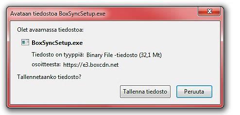 Verkkosivun näkymä Box Sync -työpöytäsovelluksen asentamiseen Ruudulle ilmestyy pieni varmistusikkuna.