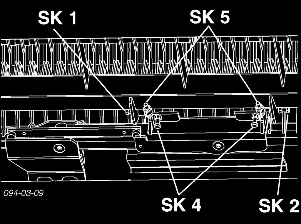(X = X) Säätö tehdään ruuvin (SK-4) avulla teräpalkin kääntöakselilla. Säätö tehdään ruuveilla (SK-4) teräpalkin alapuolella. Säätö tehdään ruuveilla (SK-5) teräpalkin alapuolella. Säätö 1.