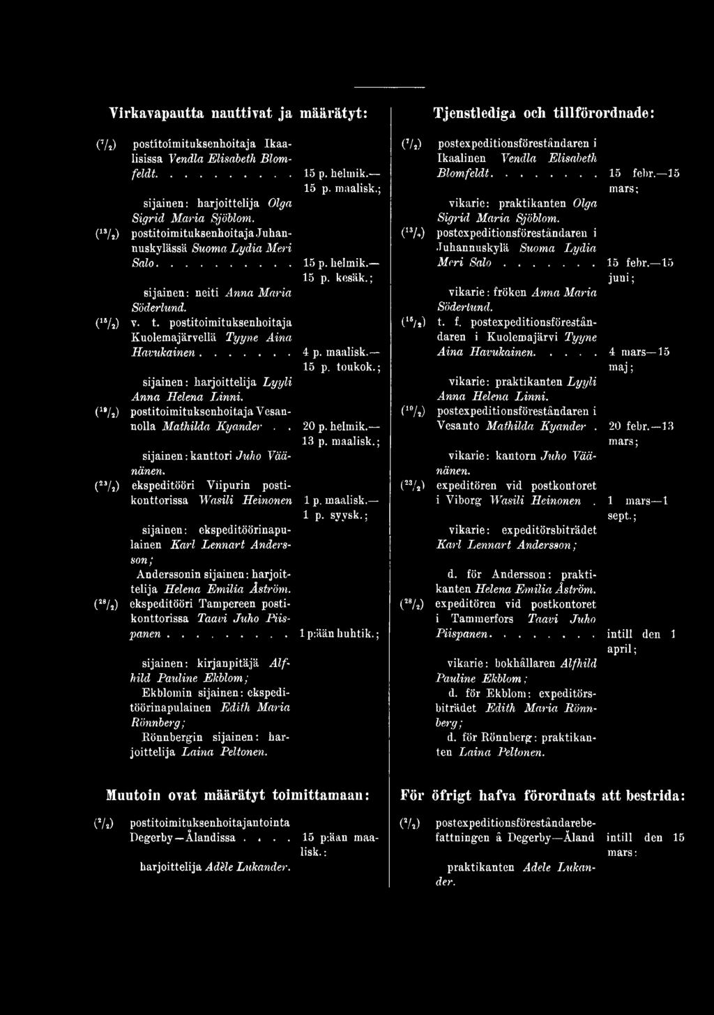 ; sijainen: ekspeditöörinapulainen Karl Lennart Andersson ; Anderssonin sijainen: harjoittelija Helena Emilia Åström. (28/2) ekspeditööri Tampereen postikonttorissa Taavi Juho Piispanen.