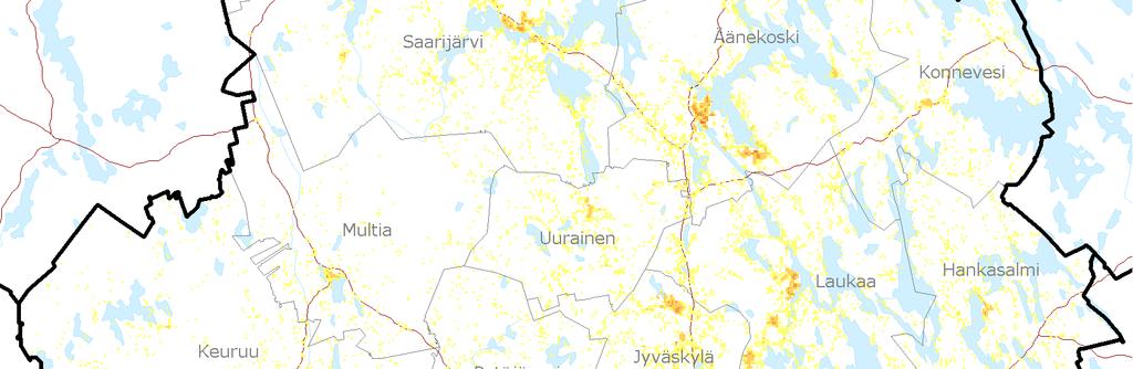 Kuvassa 1 on esitetty väestön määrä 250 m x 250 m