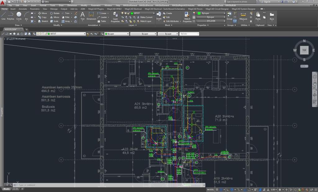 15 KUVA 4. AutoCAD teknologiaan pohjautuvan MagiCADin käyttöliittymä. CADS Planner -suunnitteluohjelmasta on olemassa kaksi versioita.