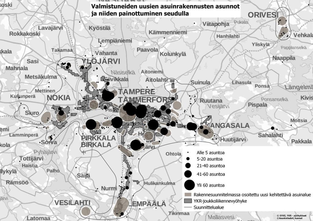 Vuonna 2016 valmistuneet asuinrakennukset sijoittuvat pääosin olemassa olevaan yhdyskuntarakenteeseen.