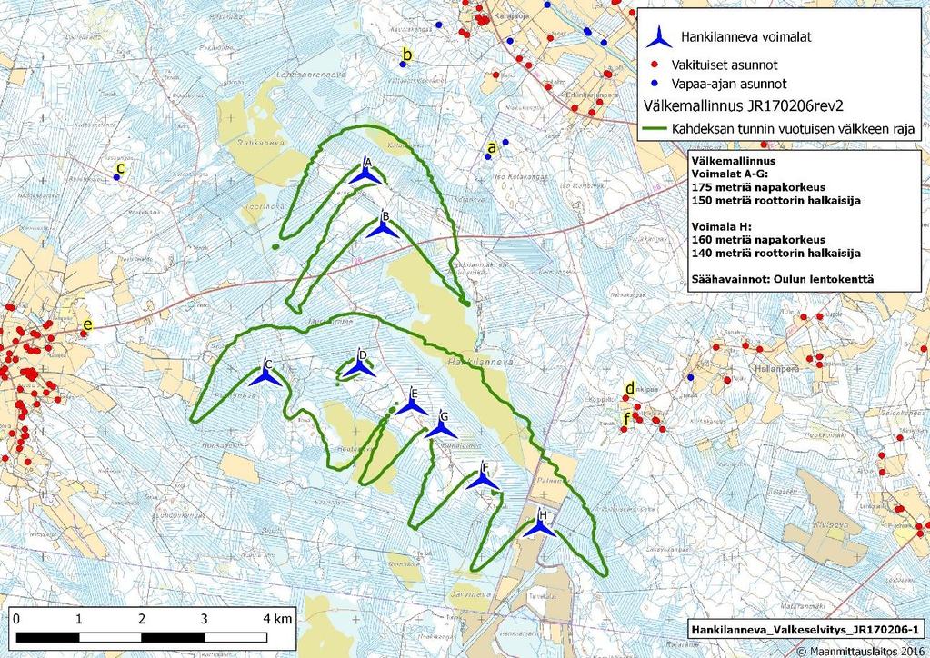 metriin. 3.1 Hankilannevan välkevaikutukset Seuraavassa kuvassa on välkemallinnuksen tulokset esitettynä visuaalisesti ja sen jälkeen tuloksia on selostettu yksityiskohtaisesti sanallisesti. Kuva 2.