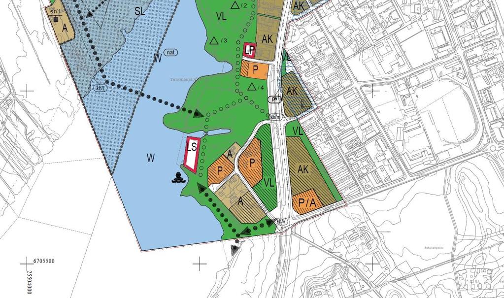 Keskustan osayleiskaava 2030 A=pientaloasuminen, tonttitehokkuus vähintään e=0,4.