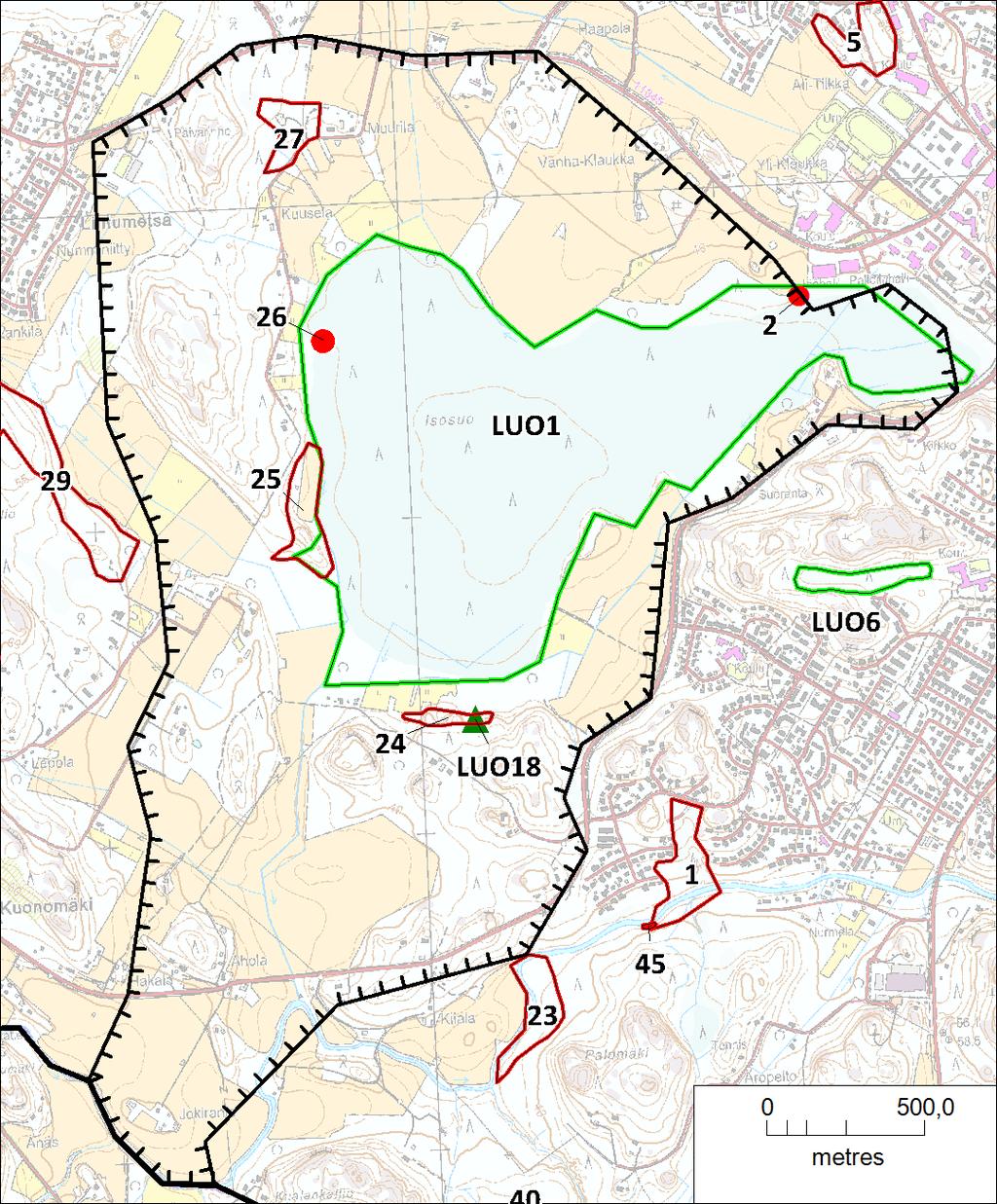 Kuva 8. Osa-alue 7. Liito-oravakohteet on merkitty punaisella ja luontokohteet vihreällä. 3.1.8 Osa-alue 8 Osa-alue rajoittuu etelässä Espoon kaupungin rajaan ja lännessä osayleiskaavaalueen rajaan.